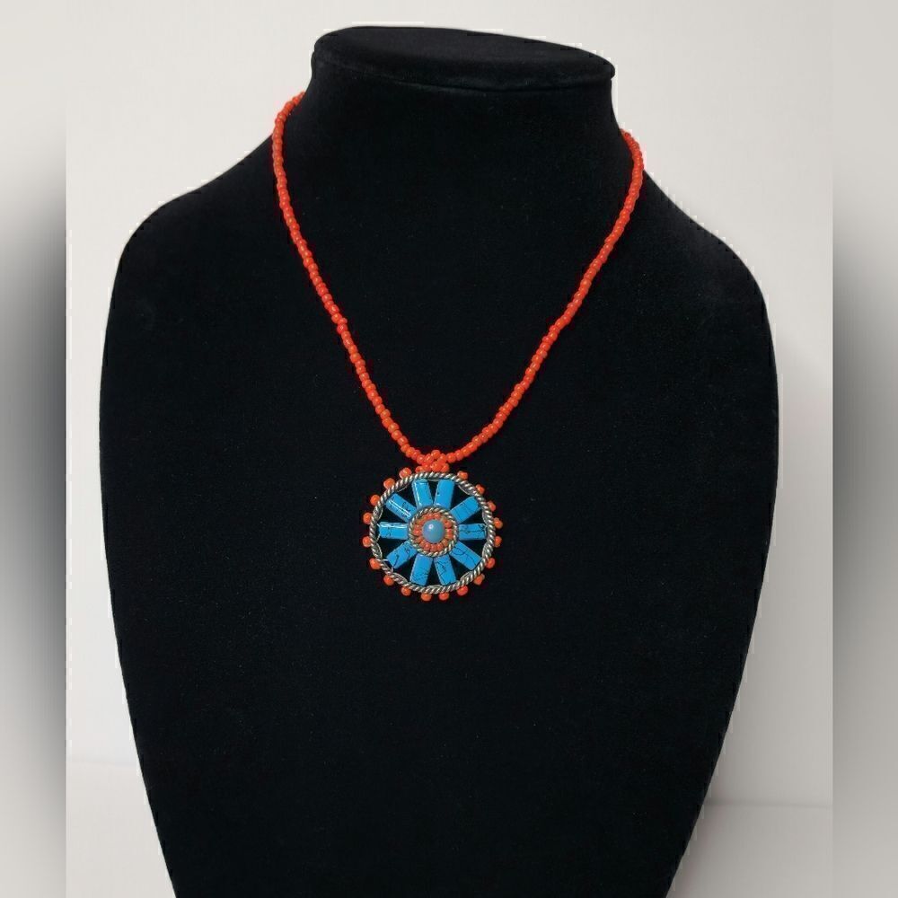 Vintage Native Turquoise red seed beaded necklace